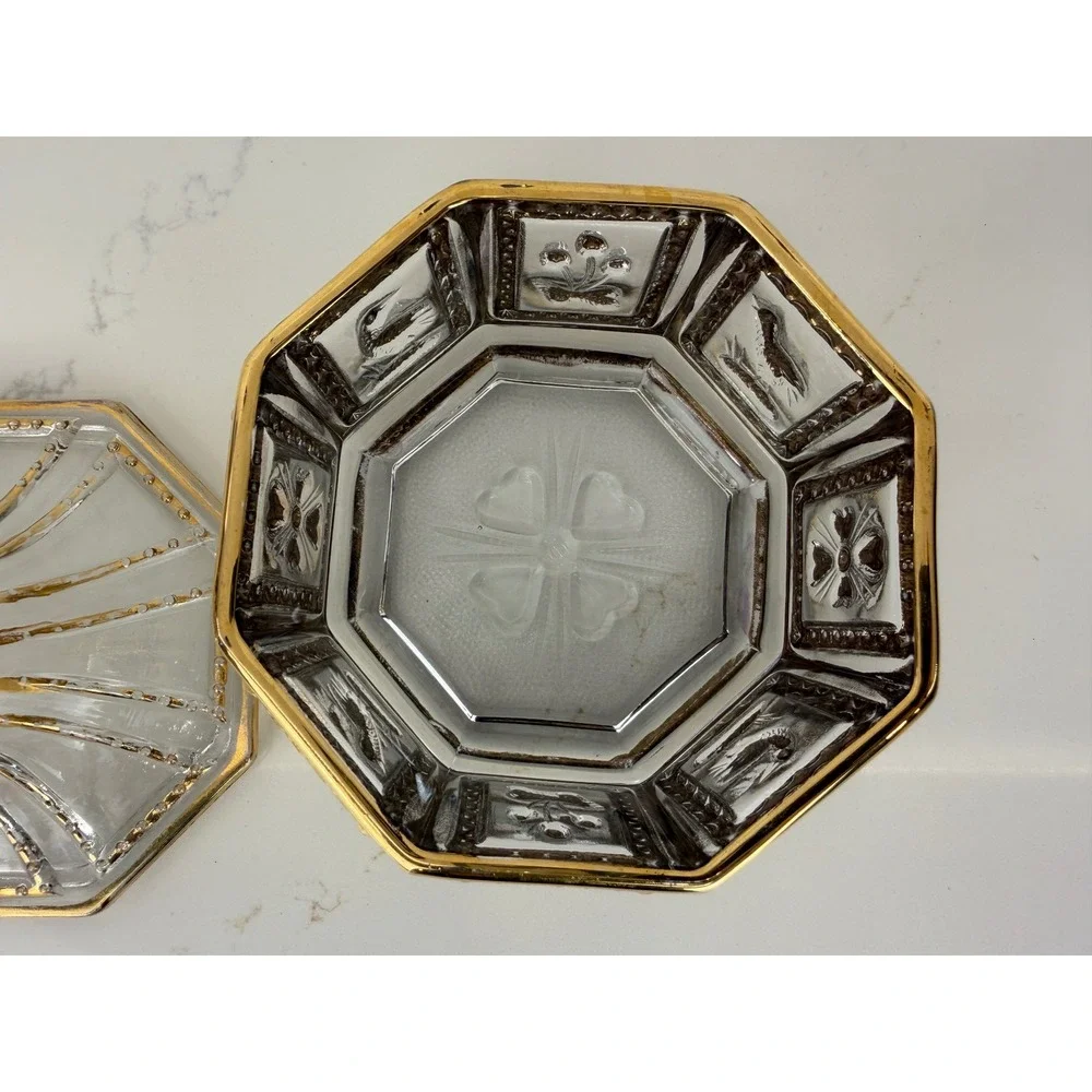 Imperial Glass Octagonal Trinket Box Gold Gilt Bird Flower Candy Dish With Lid